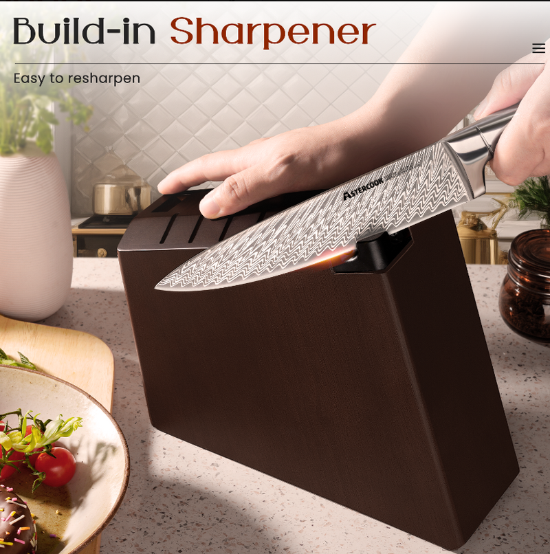 ASTERCOOK 15 PCS KNIFE SET FULL TANG KITCHEN KNIFE SETS BLOCK BUILT-IN SHARPENER - Like New