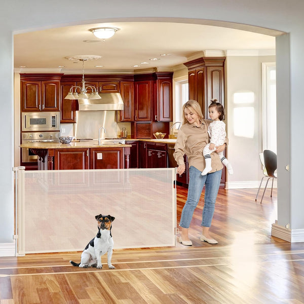 KISKIZ 110 INCH WIDE RETRACTABLE BABY GATE RETRACTABLE DOG GATE - BEIGE - Like New