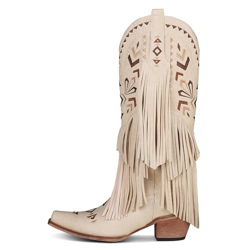 SARALRIS SARAIRIS WOMEN'S COWGIRL BOOTS KNEE HIGH FRINGE BOOTS - SIZE 6 - BEIGE - Like New