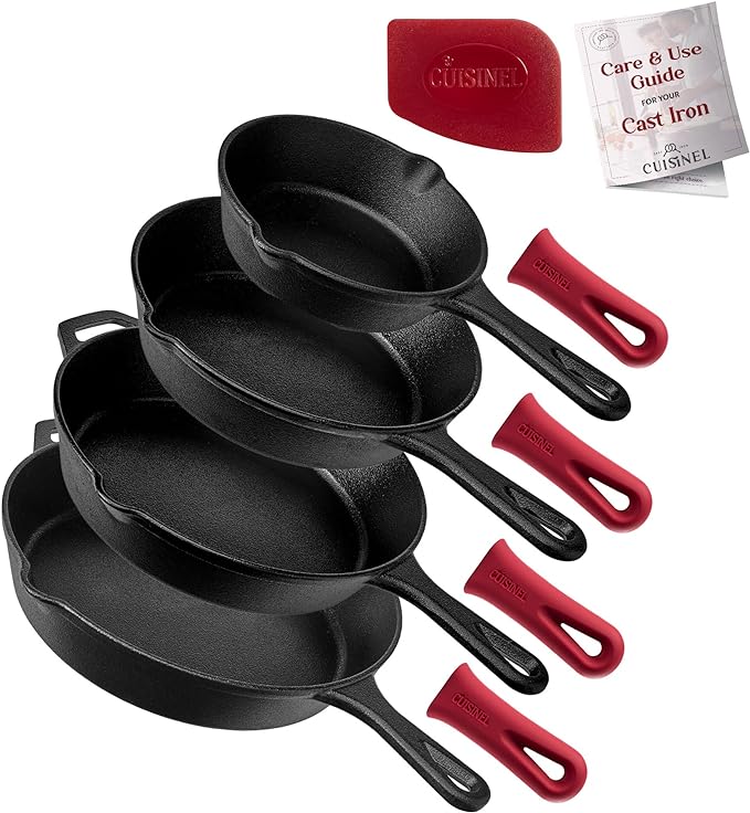 Cuisinel Cast Iron Skillets Set - 4 Piece Chef Pans 6" 8" 10" 12" 4 Heat - Black - Like New