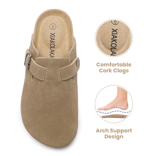 XIAKOLAKA WOMEN'S SUEDE CLOGS ADJUSTABLE BUCKLE SLIP ON WOMEN- SIZE 11- KHAKI - Like New