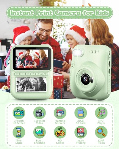 LETSHAHA KIDS INSTANT PRINT CAMERA 3.0" HD 32MP PHOTO INSTANT - Green - Like New