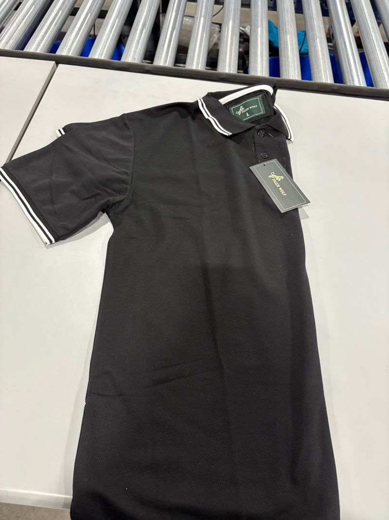 TIGER WOLF 3 BUTTON POLO SHIRT - SIZE: MEN L - BLACK/WHITE - Brand New