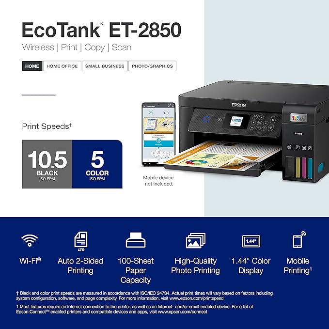 Epson EcoTank ET-2850 Wireless Color All-in-One Cartridge-Free Medium - Black Like New