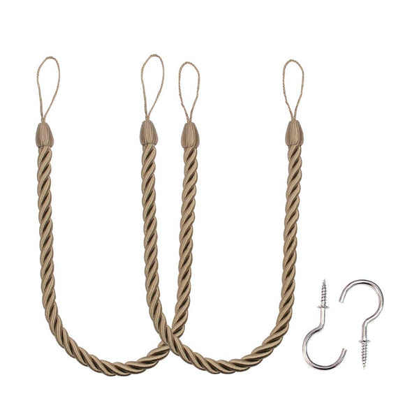 BEL AVENIR CURTAIN HANDMADE TIEBACKS ROPES HOLDBACKS 2 METAL SCREW HOOKS FLAXEN - Like New