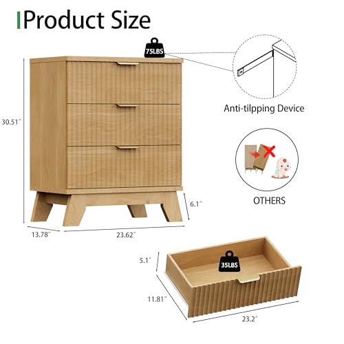 Fluted Nightstand, 24" Wide Side Table with 3 Large Storage Drawers - Like New