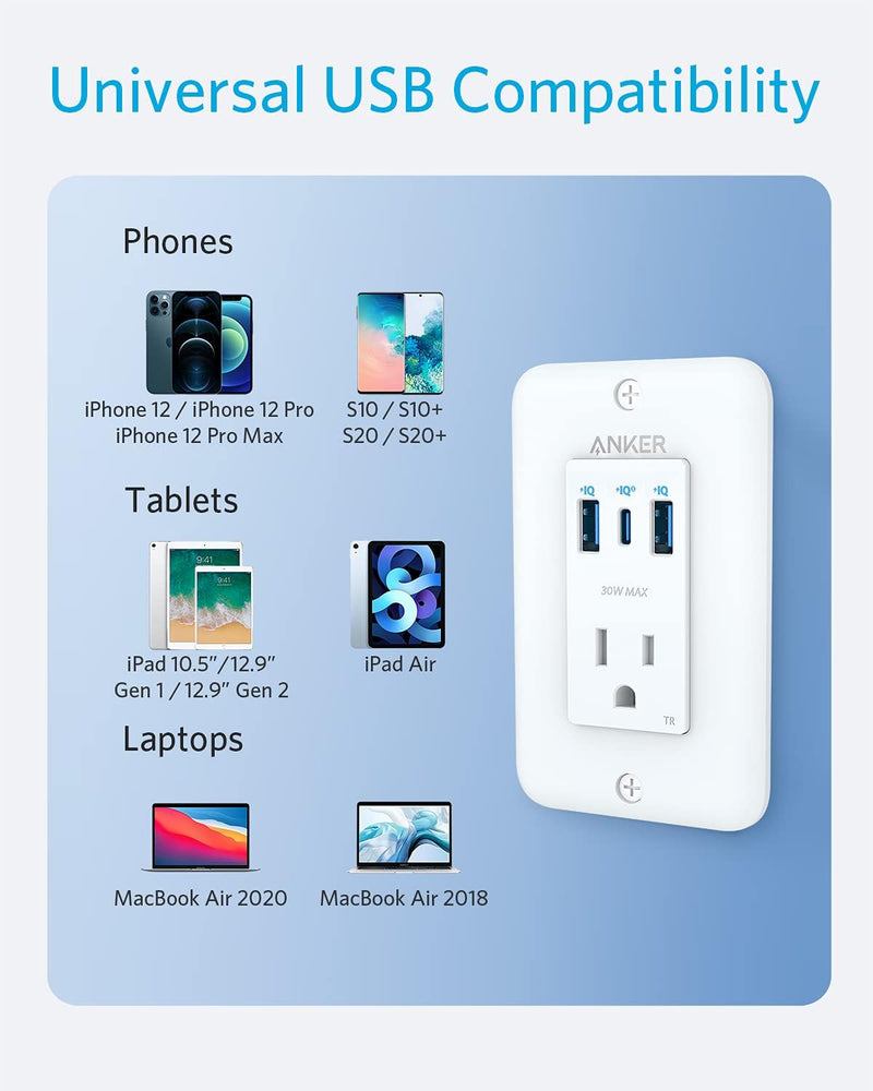Anker USB C Wall Outlet, PowerExtend USB-C + 2 USB Ports, 30W PD, A9312 - White - Like New
