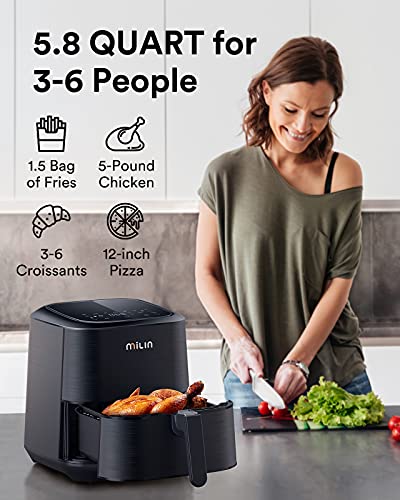 MILIN AIR FRYER 1700W XL with 100 RECIPES COOKBOOK, 5.8 QT ML9AF0010 - Black Like New