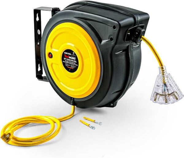 ReelWorks Extension Cord Reel Retractable 12AWG x 50' 3C/SJTOW GUR025 - Yellow Like New