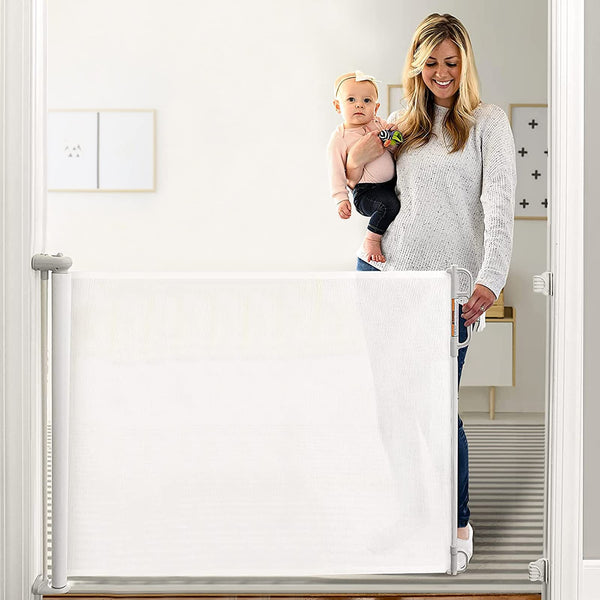 MOMCOZY RETRACTABLE BABY GATE EXTRA WIDE MESH GATES 33" TALL X 71" WIDE - WHITE - Like New