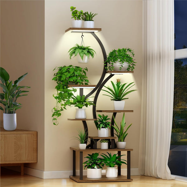 RICHMEN 8-TIERED PLANT STAND S SHAPE WITH GROW LIGHTS HJ-2418 - BLACK - Like New