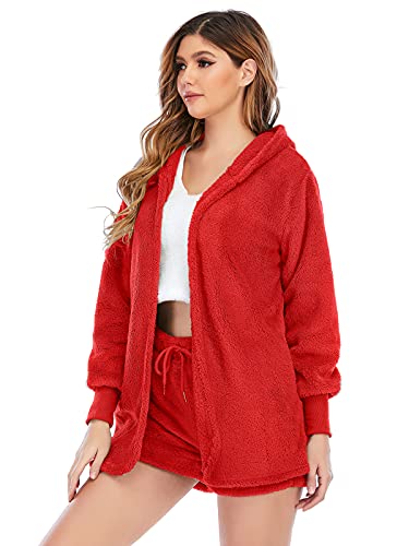Famnbro Women Sexy Fuzzy 3 Piece Outfits Fleece Hooded Cardigan Pajamas Red M - Like New