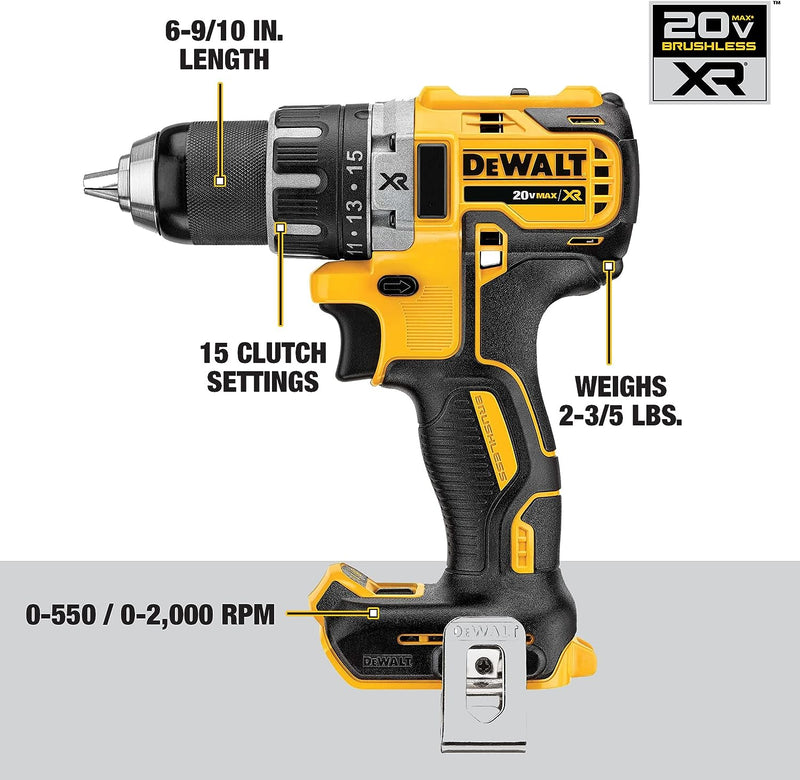 DeWalt 20V MAX XR Cordless Brushless 1/2 in Drill/Driver DCD791P1 - Black/Yellow - Like New