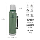 STANLEY CLASSIC VACUUM BOTTLE 1L HAMMERTONE - GREEN - Brand New