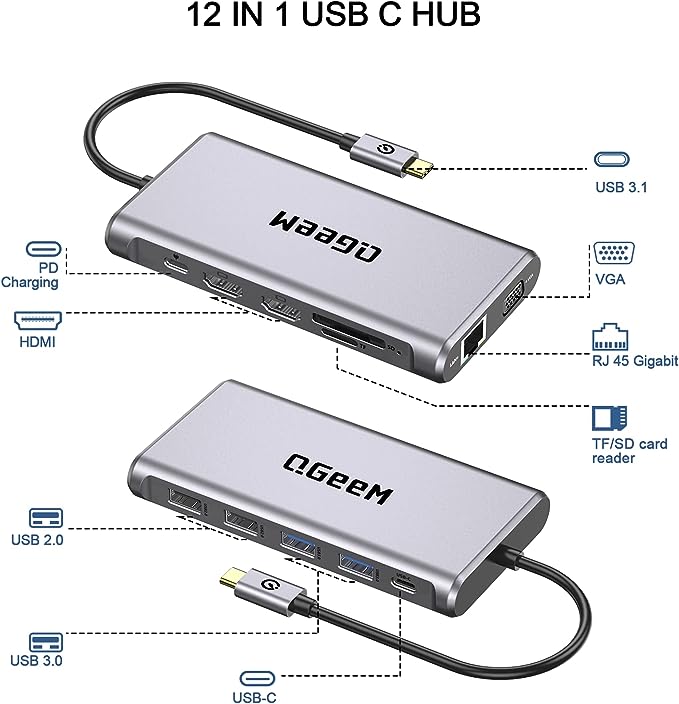 QGeeM 12in1 USB C Hub Laptop Docking Station Dual Monitor Triple Display HC1203 Like New