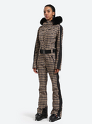 GSOU SNOW WOMEN'S SLIM-FIT STRETCH FAUX FUR SKI SUIT - XS - TAN HOUNDSTOOTH - Brand New