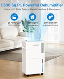 Trazico 1500 Sq.Ft Dehumidifier for Basement, with Drain Hose, 21 Pints - Brand New