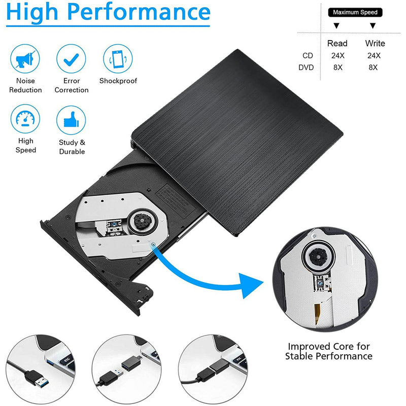 FLPOWER FT192 USB 3.0 EXTERNAL CD/DVD OPTICAL DRIVE - BLACK - Like New