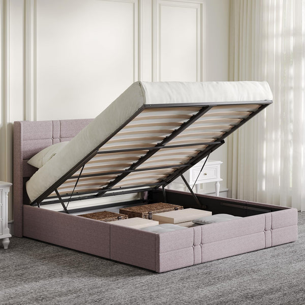 Novilla Queen Size Lift Up Storage Bed, with Fabric Headboard, N-F12006-Q-BR - Like New