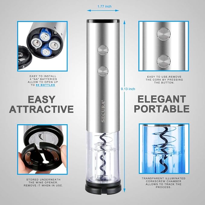 SECURA ELECTRIC WINE BOTTLE OPENER, FOIL CUTTER CORDLESS, SW0-4A - SILVER - Like New
