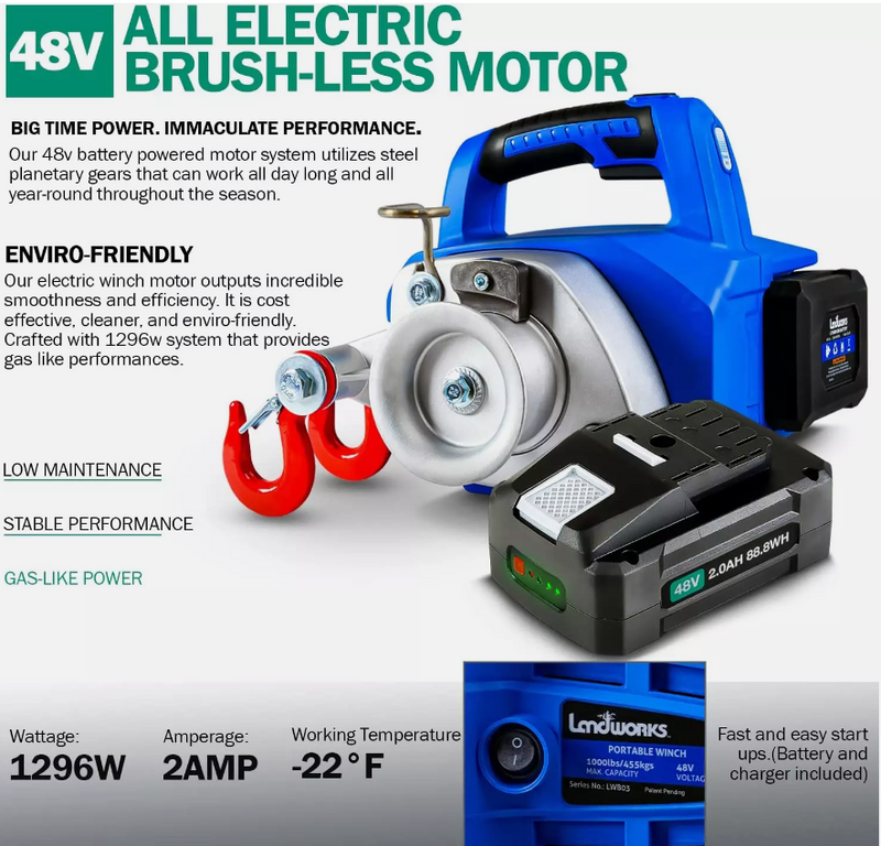 Landworks Electric Towing Capstan Winch Hoist Portable Cordless Brushless - Blue - Like New