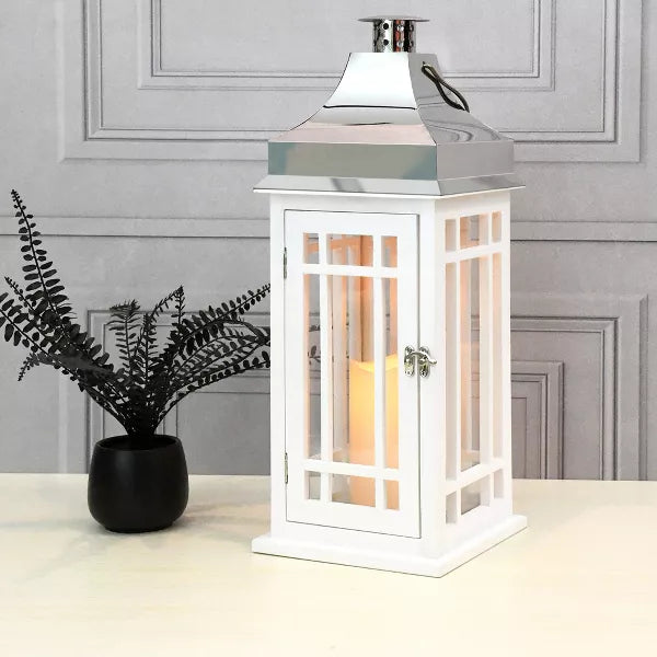 LUMABASE WOODEN LANTERN BATTERY-OPERATED CANDLE - WHITE WITH CHROME ROOF - Like New
