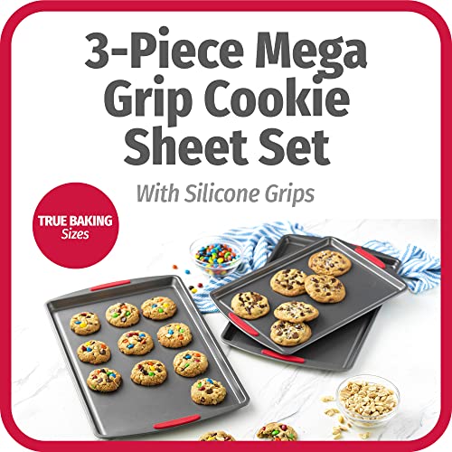 GOODCOOK MEGAGRIP SET OF 3 NONSTICK COOKIE SHEETS, SILICONE HANDLES - GRAY - Brand New