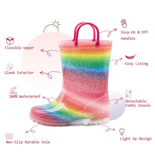 EUXTERPA KIDS TODDLER LIGHT UP RAIN BOOTS PATTERNS GLITTER SIZE Y8 - RAINBOW - Brand New
