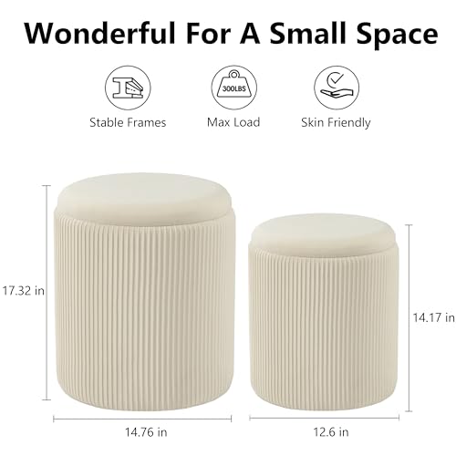 CHILIHOM ROUND OTTOMAN WITH STORAGE SET OF 2 UPHOLSTERED VELVET - BEIGE - Like New