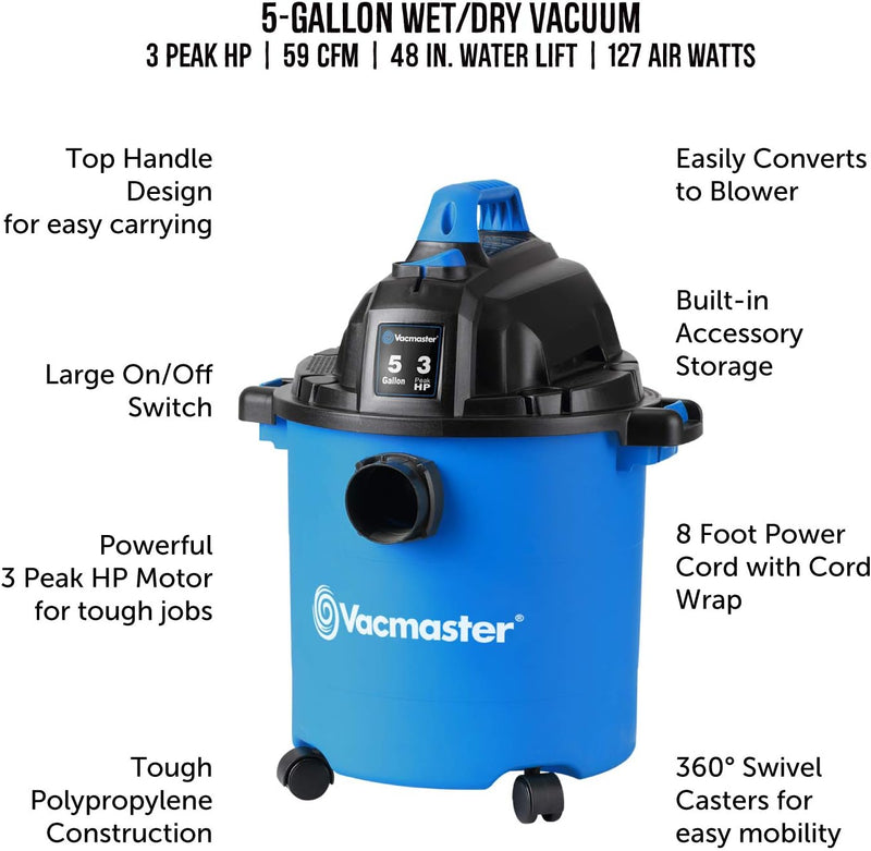 Vacmaster VJC507P 5-Gallon 3 Peak HP Wet/Dry Shop Vacuum - Blue - Like New