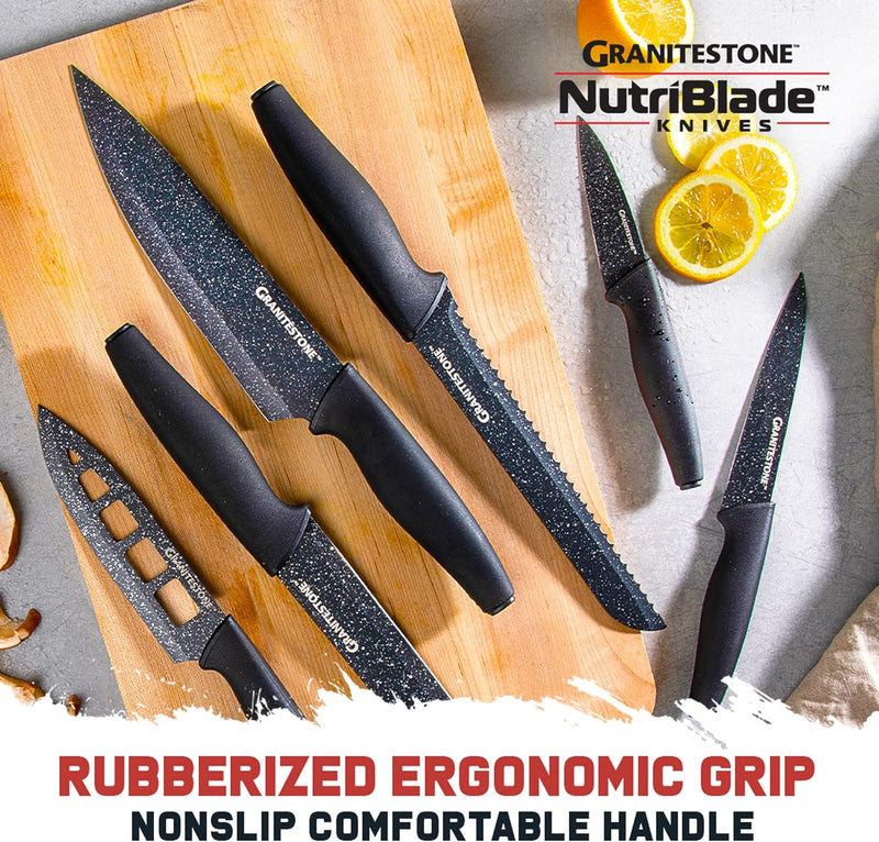 Granitestone Nutriblade 6 Piece Kitchen Knife Set Stainless Steel Blades -BLACK Brand New