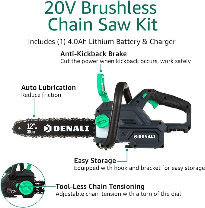 Denali by SKIL 20V Brushless 12in Chain Saw Kit Includes 4.0Ah Battery & Charger Like New