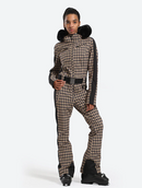 GSOU SNOW WOMEN'S SLIM-FIT STRETCH FAUX FUR SKI SUIT - XS - TAN HOUNDSTOOTH - Brand New