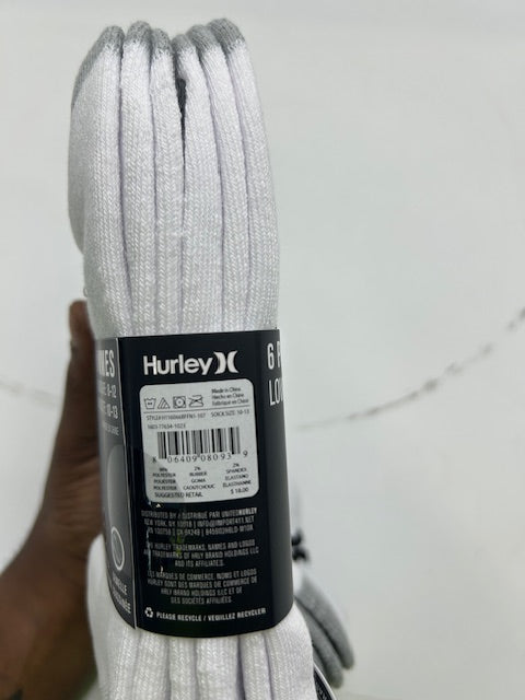 HURLEY MEN'S 6 PACK LOW CUT SOCKS - SIZE: MEN 10 - WHITE AND GRAY - Brand New