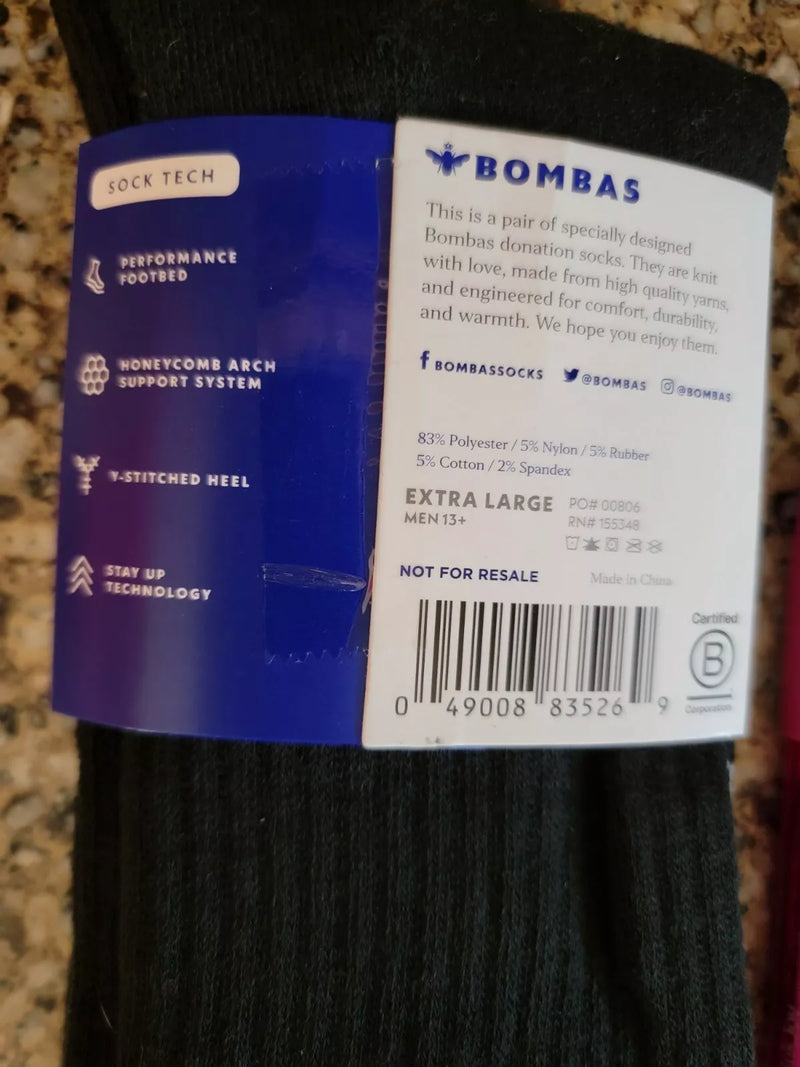 BOMBAS HONEYCOMB UNISEX CREW SOCKS - SIZE: MEN XL - BLACK/GRAY - Brand New