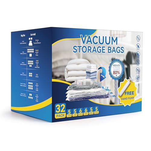 SIMPLE DELUXE 32 PACK VACUUM STORAGE BAGS WITH HAND PUMP - CLEAR/BLUE - Brand New
