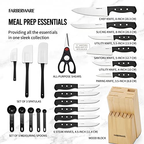 FARBERWARE TRIPLE RIVET HIGH-CARBON KNIFE BLOCK & KITCHEN TOOL SET - BLACK - Like New