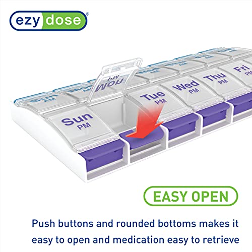 EZY DOSE PUSH BUTTON 7-DAY PILL CASE AM/PM, X-LARGE COMPARTMENTS - BLUE/PURPLE - Brand New