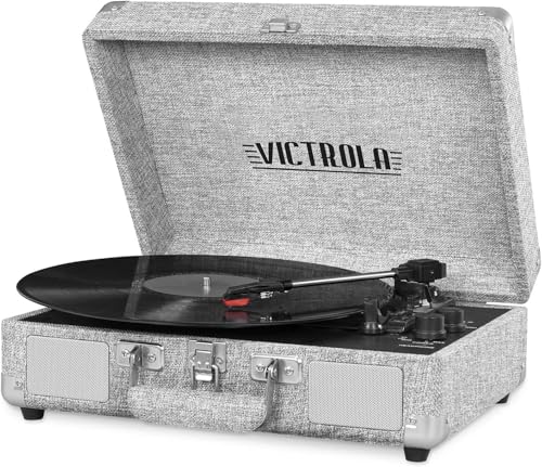 VICTROLA VINTAGE 3-SPEED BLUETOOTH PORTABLE SUITCASE - LIGHT GRAY/LINEN - Like New