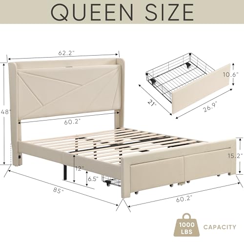 KMNAGT QUEEN SIZE UPHOLSTERED BED FRAME - BEIGE - Like New