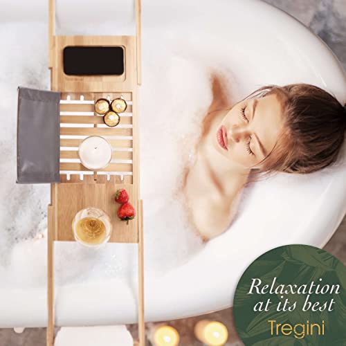 TREGINI LUXURY BATHTUB TRAY CADDY - ADJUSTABLE BAMBOO - NATURAL BAMBOO - Brand New