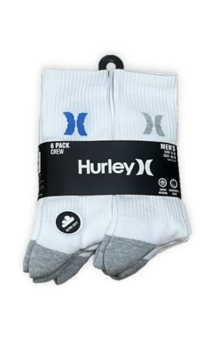 HURLEY MENS CUSHIONED CREW SOCKS 6 PACK - WHITE - Brand New