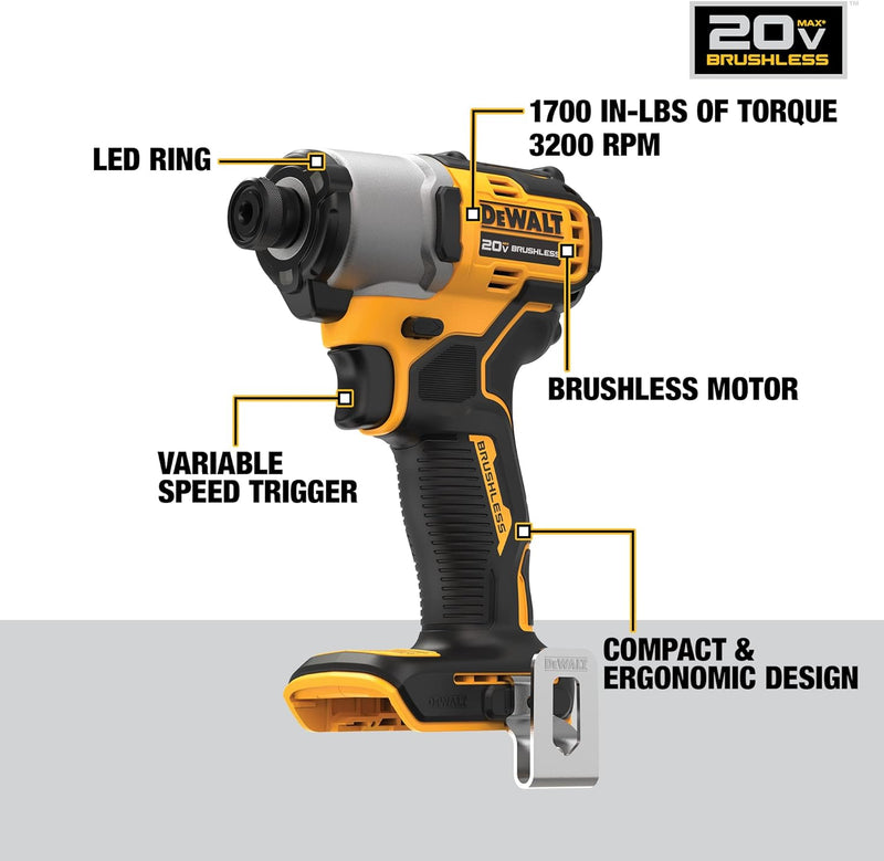 DEWALT 20V MAX 1/4" Brushless Cordless Impact Driver Tool Only DCF840B - Yellow Like New