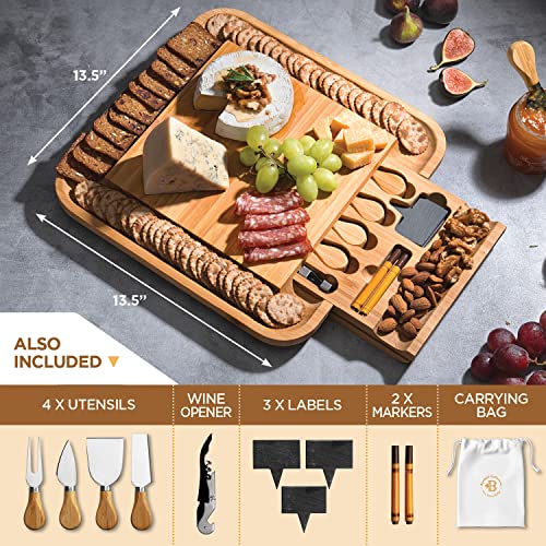 BAMBUSI BAMBOO CHEESE BOARD WITH CUTLERY SET - NATURAL BAMBOO - Brand New