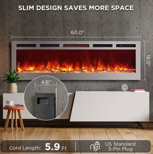 TURBRO 60 IN SMART WI-FI INFRARED ELECTRIC FIREPLACE - SILVER - Like New