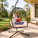 ZZW 1 PERSON EGG CHAIR STAND OUTDOOR WICKER HANGING BEIGE CUSHION - BROWN/BEIGE - Like New