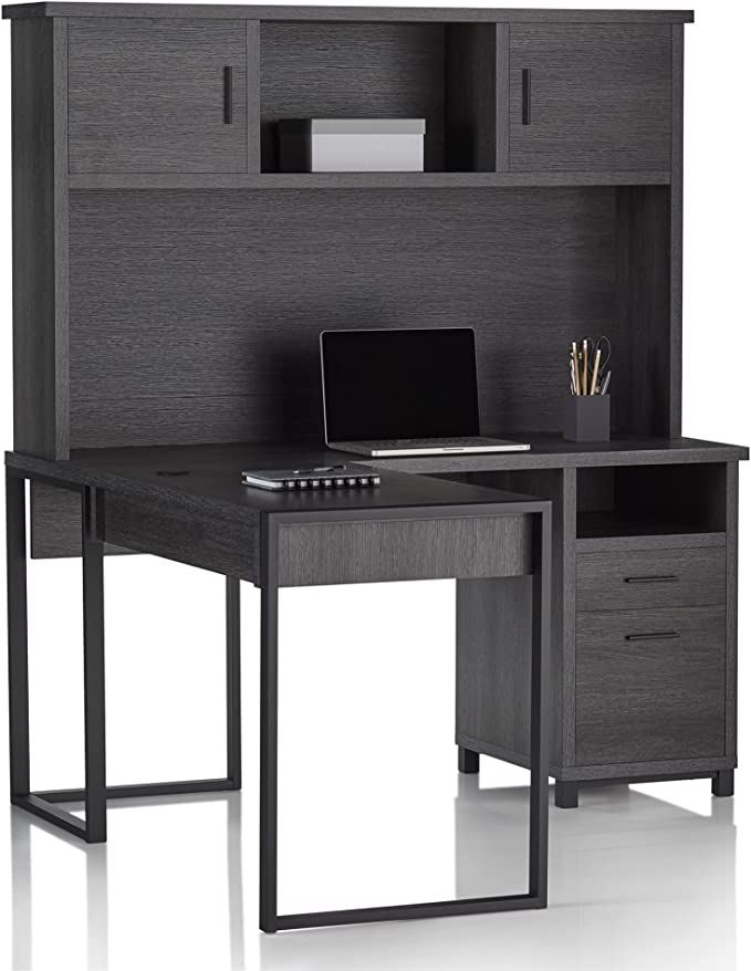 Realspace DeJori 59" W L-Shape Corner Desk With Hutch 6794063 - Charcoal Like New