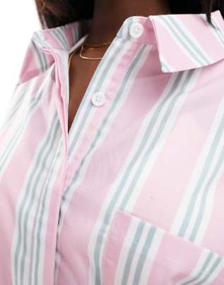 KAIIA CROPPED POPLIN SHIRT CO-ORD IN PINK STRIPE WOMEN 8 - PINK STRIPE - Brand New