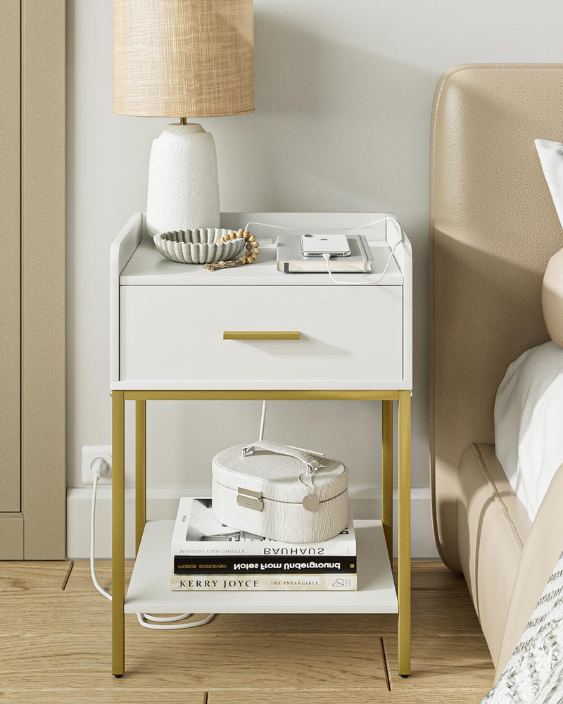 OIIOKUKU NIGHTSTAND WITH CHARGING STATION BEDSIDE TABLE HZ1086 - WHITE - Like New