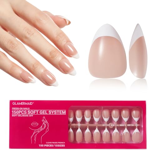 GLAMERMAID FRENCH TIP PRESS ON NAILS, 150PCS, DIY - SHORT ALMOND PINK - Brand New